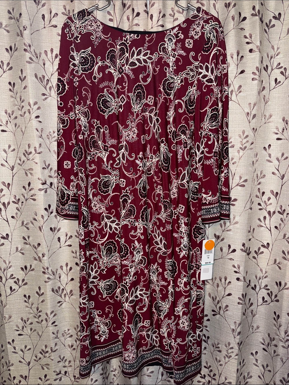 Women's R&K Maroon Paisley Print Dress - Casual 3/4 Sleeve